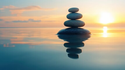 Balancing Zen Garden Stones Beach at Sunset Long Exposure Photography Tranquil Environment Serene Viewpoint Meditation Concept
