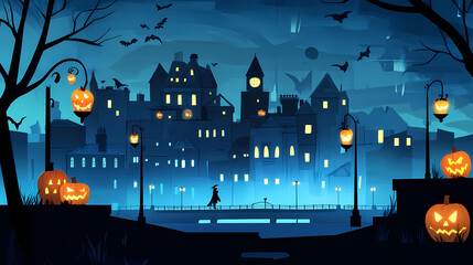 Halloween night in a spooky city with jack-o'-lanterns. Phantom. Illustration