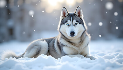 Artistic shot of a Siberian Husky lying cozily in the snow surrounded by delicate snowflakes and picturesque winter landscape