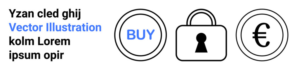 BUY button in blue inside a circle, padlock icon, and Euro currency symbol alongside lorem ipsum text. Ideal for e-commerce, online security, digital payments, financial transactions, fintech