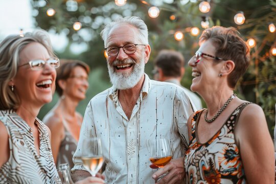 Cheerful senior man holding glass of white wine with friends at party