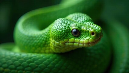 A coiled green snake against a dark background. Symbol of New Year according the Eastern calendar. Fear and snakephobia concept. A dangerous reptile. Poisonous animal