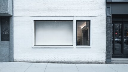 A minimalist white brick shop with a blank window space and a clear sidewalk, offering flexibility for branding and signage