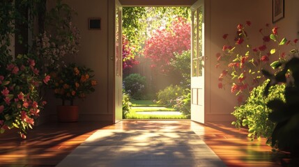 Obraz premium Sunlit Garden View Through Open Doorway