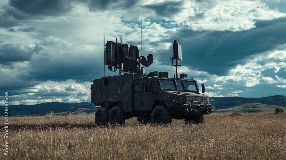 Aufkleber A mobile command unit with a secure communication antenna array, stationed in the field, coordinating operations with advanced technology and personnel