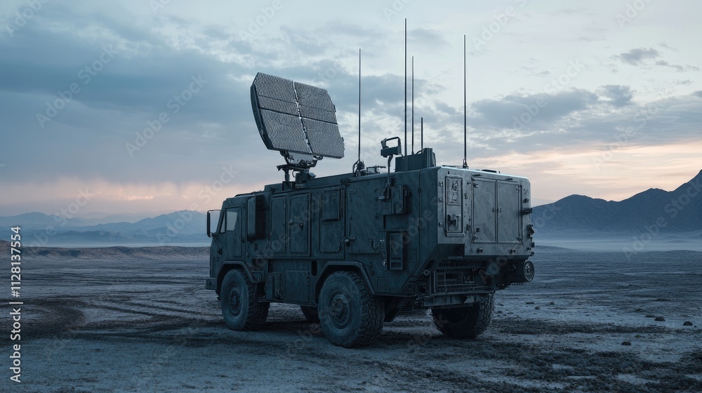 Poster A mobile command unit with a secure communication antenna array, stationed in the field, coordinating operations with advanced technology and personnel