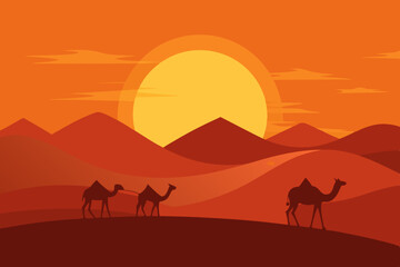 Desert scene with camels under a glowing sunset isolated vector illustration