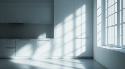 Fototapeta premium Embrace Morning Light Minimalist White Kitchen Interior Design Bright Environment Inviting Viewpoint Aesthetic Concept