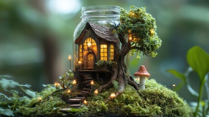 Fototapeta premium Creating a Miniature Treehouse in a Mason Jar with Tiny Lights Enchanted Setting DIY Craft Magical Vibe Whimsical Concept