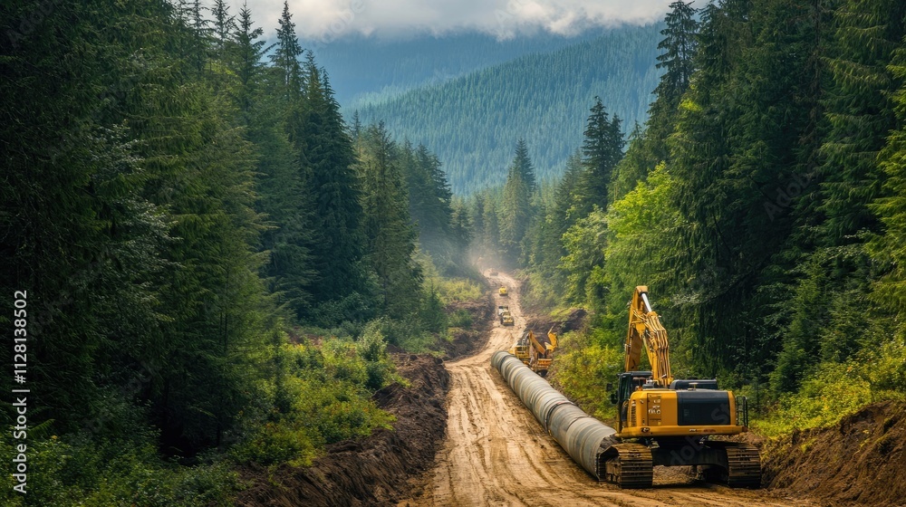 Aufkleber a newly installed pipeline running through a forested area, with forestry equipment clearing the pat