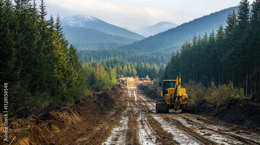 Poster A newly installed pipeline running through a forested area, with forestry equipment clearing the pathway, showing the progress of construction in nature