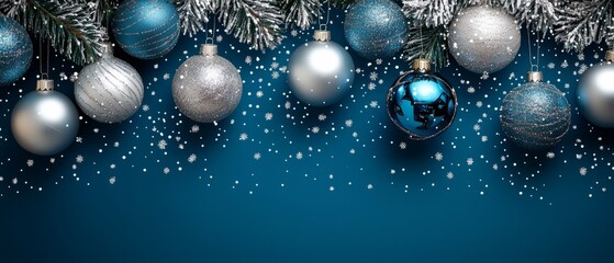 A Christmas banner with silver and blue baubles hanging from the top. The middle area is blank for text, Generative AI