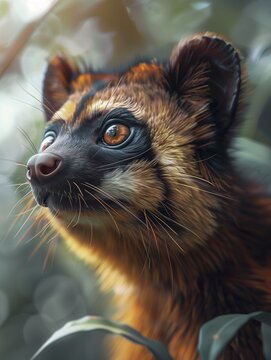 Focused close up of an Asian palm civet, Paradoxurus hermaphroditus, in the wild