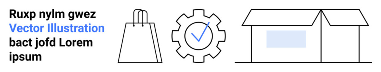 Shopping bag, gear with check mark, and warehouse outline. Ideal for e-commerce, logistics, online shopping, inventory management, order fulfillment retail warehouse operations. Landing page