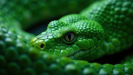 Obraz premium A coiled green snake against a dark background. Symbol of New Year according the Eastern calendar. Fear and snakephobia concept. A dangerous reptile. Poisonous animal