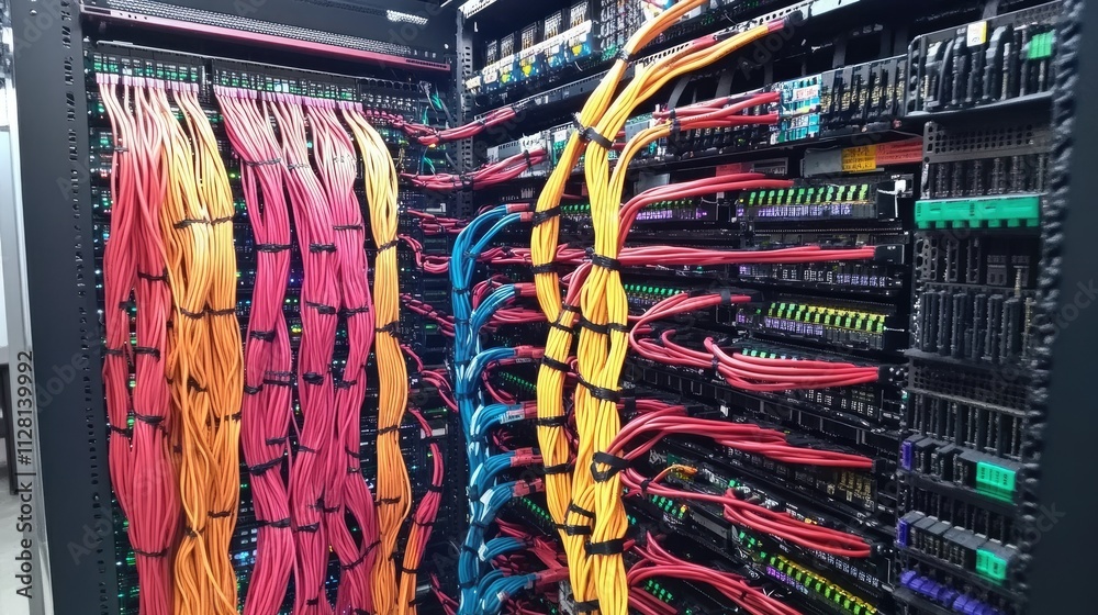 Aufkleber A rack of computer switches and neatly organized network cables in a data center, representing a high-tech IT environment