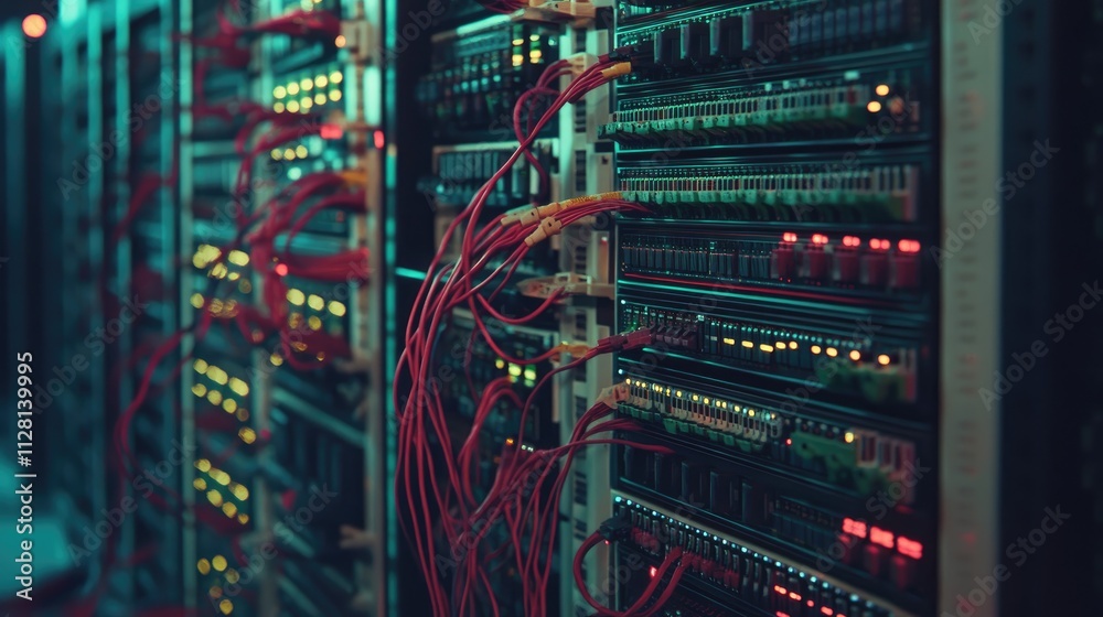 Poster A rack of computer switches and neatly organized network cables in a data center, representing a high-tech IT environment