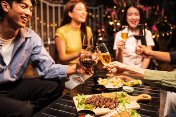 Throw a party Celebrate whiskey at a friendly party in a restaurant. Night.