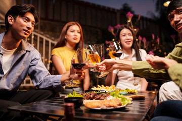 Throw a party Celebrate whiskey at a friendly party in a restaurant. Night.