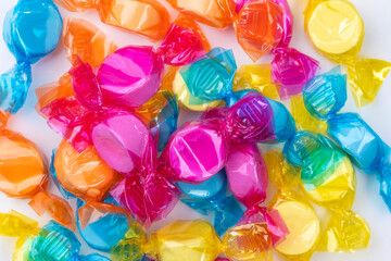 白背景にたくさんのカラフルな包装のラムネ菓子の俯瞰