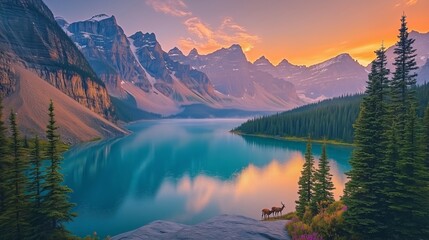 A stunning sunrise at Moraine Lake reflects jagged mountains and vibrant nature's beauty.