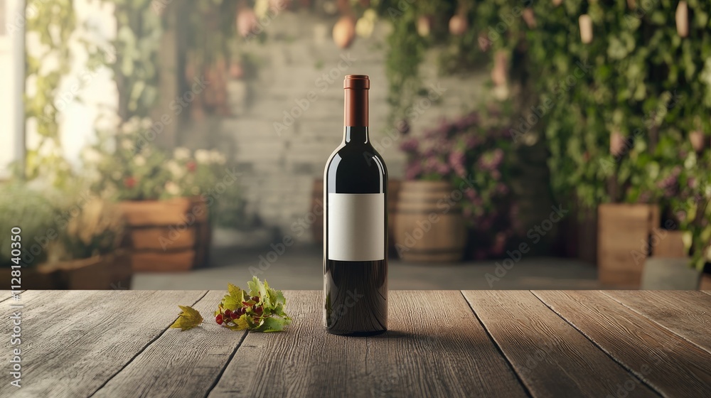 Poster a refined wine bottle mockup displayed on a wooden table, with the label facing forward, surrounded 