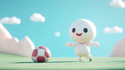 Fototapeta premium Dynamic Cute Character Playing Football in a Whimsical Landscape Animation Cheerful Atmosphere Playful Concept