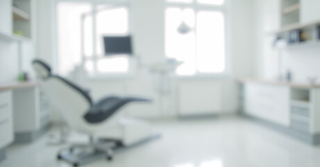 dental office with modern equipment, empty dentist chair, blurred background, clean and hygienic space, professional healthcare setting, light room, patient care