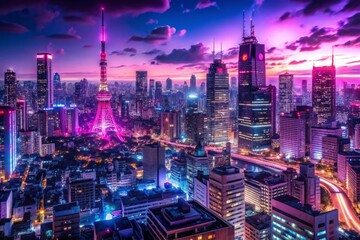 Fototapeta premium neonsoaked tokyo nightscape mangainspired cityscape with towering skyscrapers vibrant purple and magenta hues bustling streets pulsing with electric energy
