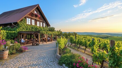 Fototapeta premium A scenic vineyard with grapevines, a rustic winery, and a cozy seating area for wine lovers at sunset.