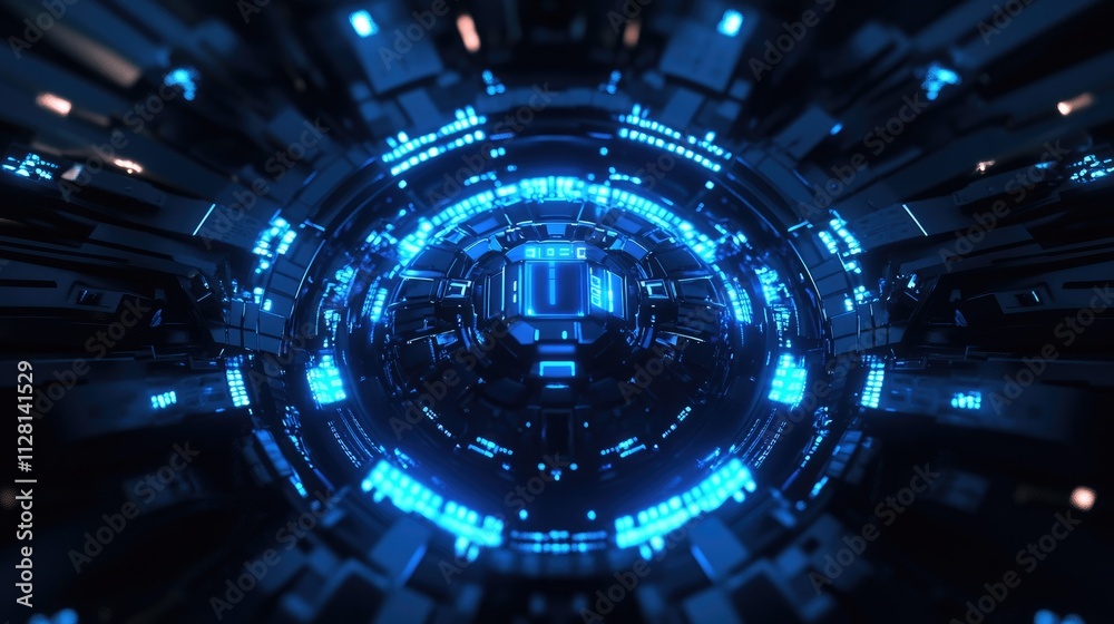 Poster a sleek, digital blue core structure with glowing lines and nodes, symbolizing futuristic technology