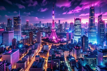 Obraz premium neonsoaked tokyo nightscape mangainspired cityscape with towering skyscrapers vibrant purple and magenta hues bustling streets pulsing with electric energy