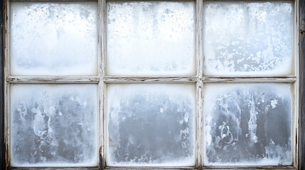 a snowy window scene with frost patterns