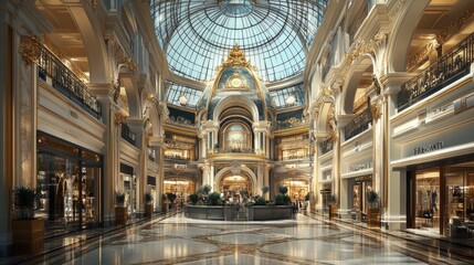 Obraz premium A sophisticated luxury shopping mall interior, featuring a grand glass dome ceiling, lush interior design, and upscale retail spaces for a high-class experience