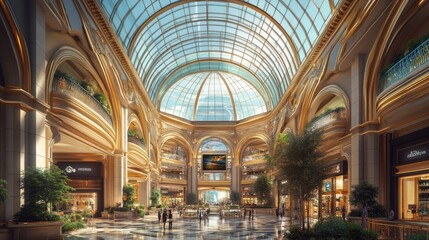 Obraz premium A sophisticated luxury shopping mall interior, featuring a grand glass dome ceiling, lush interior design, and upscale retail spaces for a high-class experience