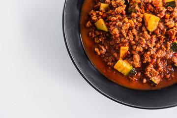 plant-based lentil soy protein ragout bolognese sauce with zucchini