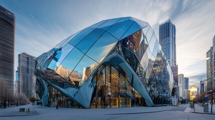 Fototapeta premium A striking glass building in the heart of the city, surrounded by modern architecture and urban landscape, with reflections creating a futuristic feel