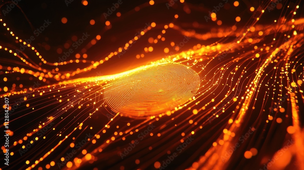 Poster a striking orange digital fingerprint design, illustrating digital identity and secure technology wi