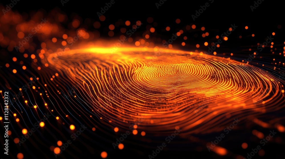 Poster a striking orange digital fingerprint design, illustrating digital identity and secure technology wi