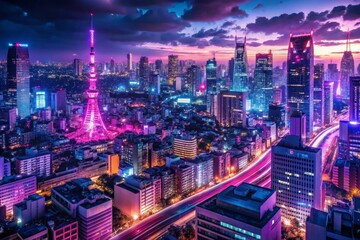 Obraz premium neonsoaked tokyo nightscape mangainspired cityscape with towering skyscrapers vibrant purple and magenta hues bustling streets pulsing with electric energy