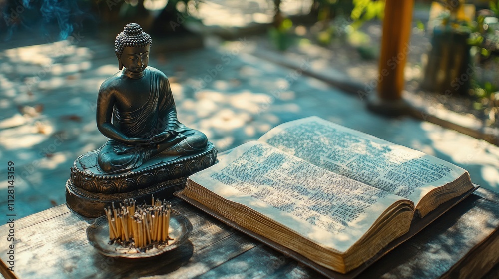Poster A tranquil display of an open Tripitaka manuscript with ancient Pali text, paired with a Buddha statue and incense, embodying spiritual serenity and reflection