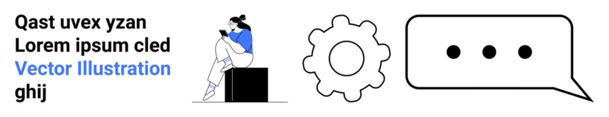 Woman sitting with a laptop, large gear icon, and speech bubble with dots. Ideal for business collaboration, teamwork, tech discussions, problem-solving, communication, digital projects educational