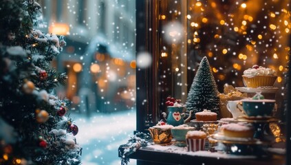 Cozy winter scene of a snowy street viewed through a cafe window, showcasing Christmas treats and decorations.