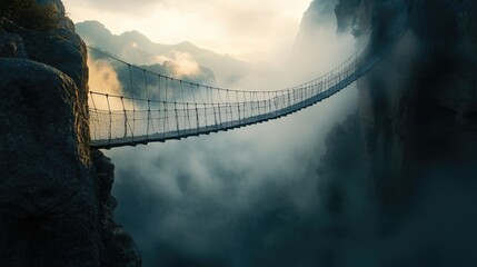 Fototapeta premium A thrilling narrow rope bridge stretches over a deep canyon, shrouded in mist, beckoning adventurers to cross at dawn's first light