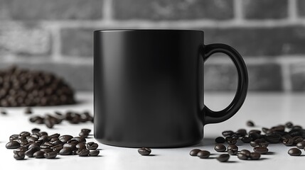 Black coffee mug on white surface with coffee beans.