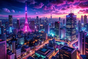 Obraz premium A captivating anime and manga-inspired illustration of Tokyo city at night, showcasing vivid magenta and purple hues with a neon aesthetic, highlighting urban beauty and bustling city views