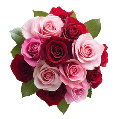 Obraz premium Beautiful bouquet of red and pink roses with green leaves