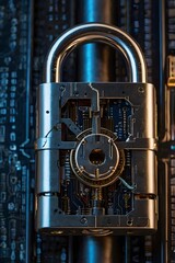 Digital padlock illuminated in darkness symbolizing encryption and online security.