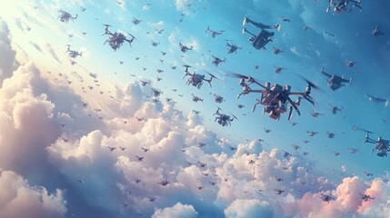 A swarm of drones flying through a cloudy sky at sunset.