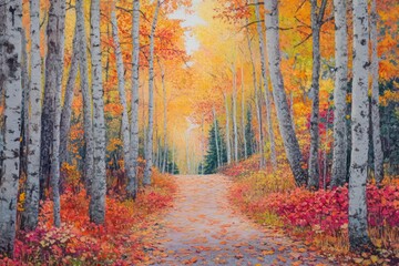 Obraz premium A forest path covered in vibrant red, orange, and yellow leaves.